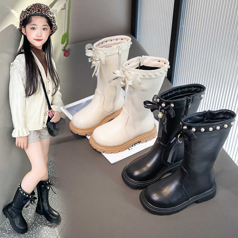 Girls Boots Little Princess Style Mid-calf Boots with Beaded Bow 2025 New Winter Kids Fleece Leather Boots Non-slip Chic School BootsT260919