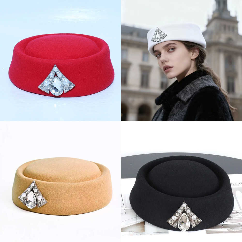 V-Diamond Berets Autumn Winter British-Style Flat-Top Fedora Retro Solid-Color Premium-Feel Beret Versatile Stewardess Hat Pillbox Hat J260919