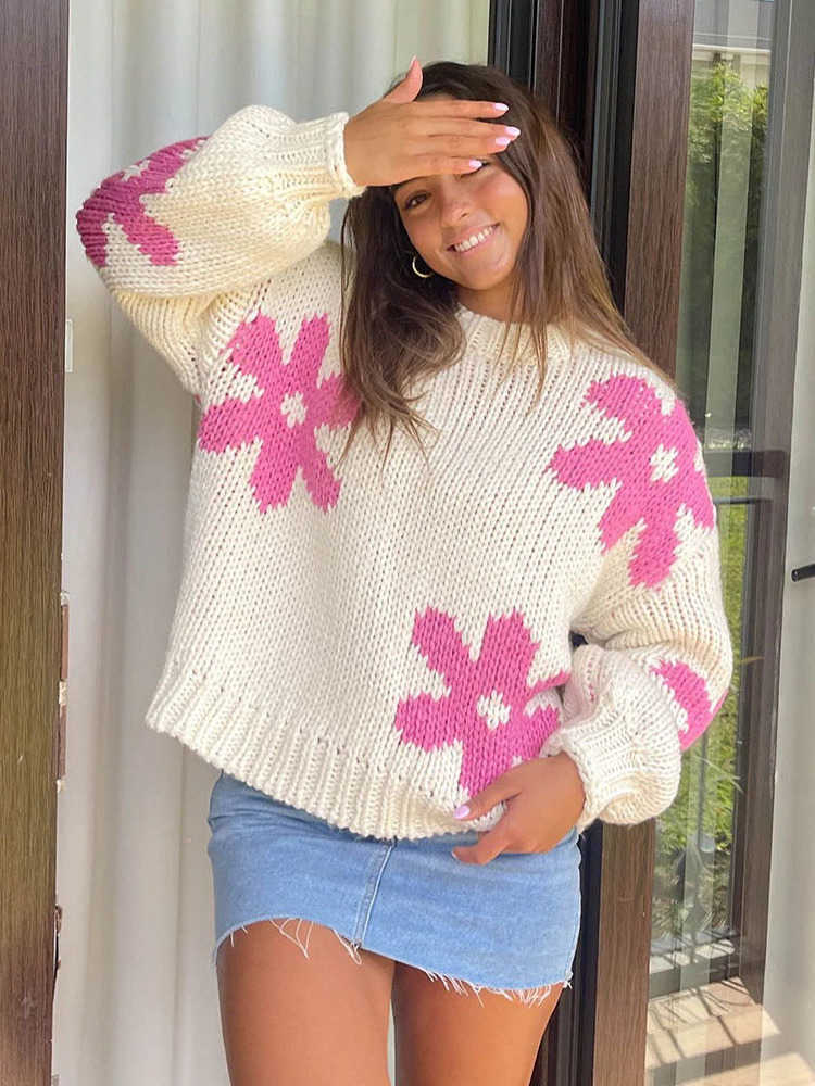 Winter Autumn Sweaters for Women American Style Round Neck Floral Embroidery Pullovers Chic Long Sve Casual Knitted Tops S260919ORTM