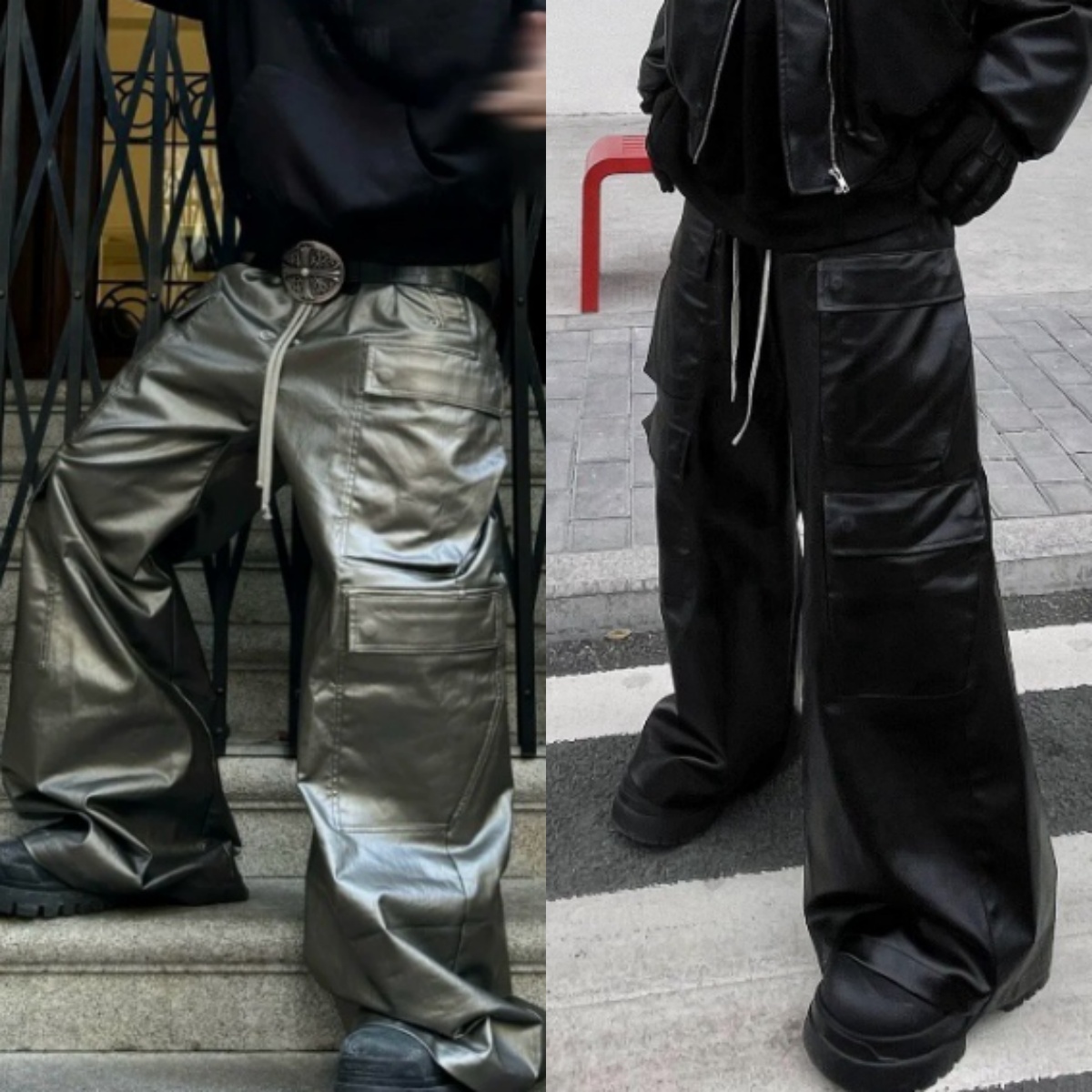 Men Women Wide Leg Floor Dragging Faux Leather Cargo Trousers Dark Street Metallic Coated Multi Pocket Pants