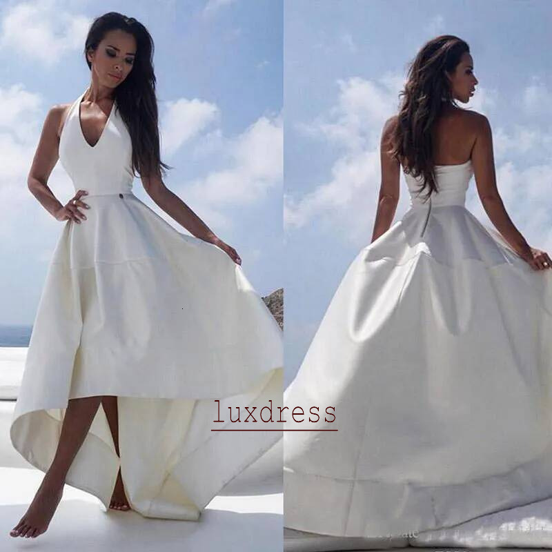White Satin High Low Beach Wedding Halter V Neck Sexy Backless Reception Dress For Women Summer Bridal Party Gowns