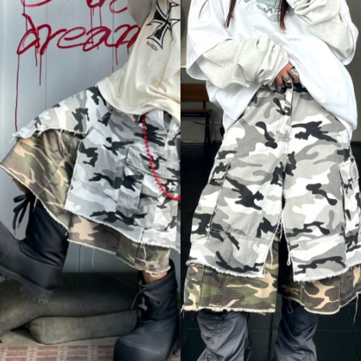 American Street – faux short camouflage 2 en 1 pour hommes et femmes, pantalon court à franges Double couche, ample, longueur 7/8