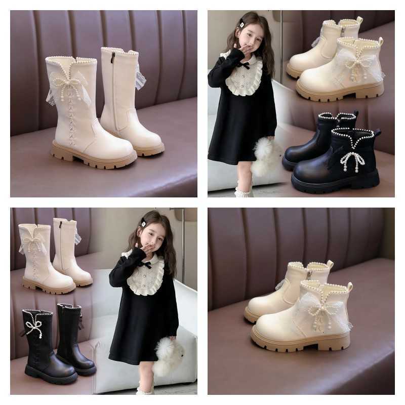 Botas de moda Botas altas acolchadas para niñas 3-18 años Zapatos de algodón con lazo beige para niños Botas de cuero cortas antideslizantes versáti