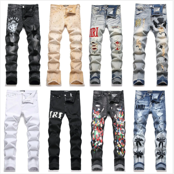 American high end street style men s jeans dark washed denim fabric featuring holes and button designs with high elasticity and a slim fit Long leng