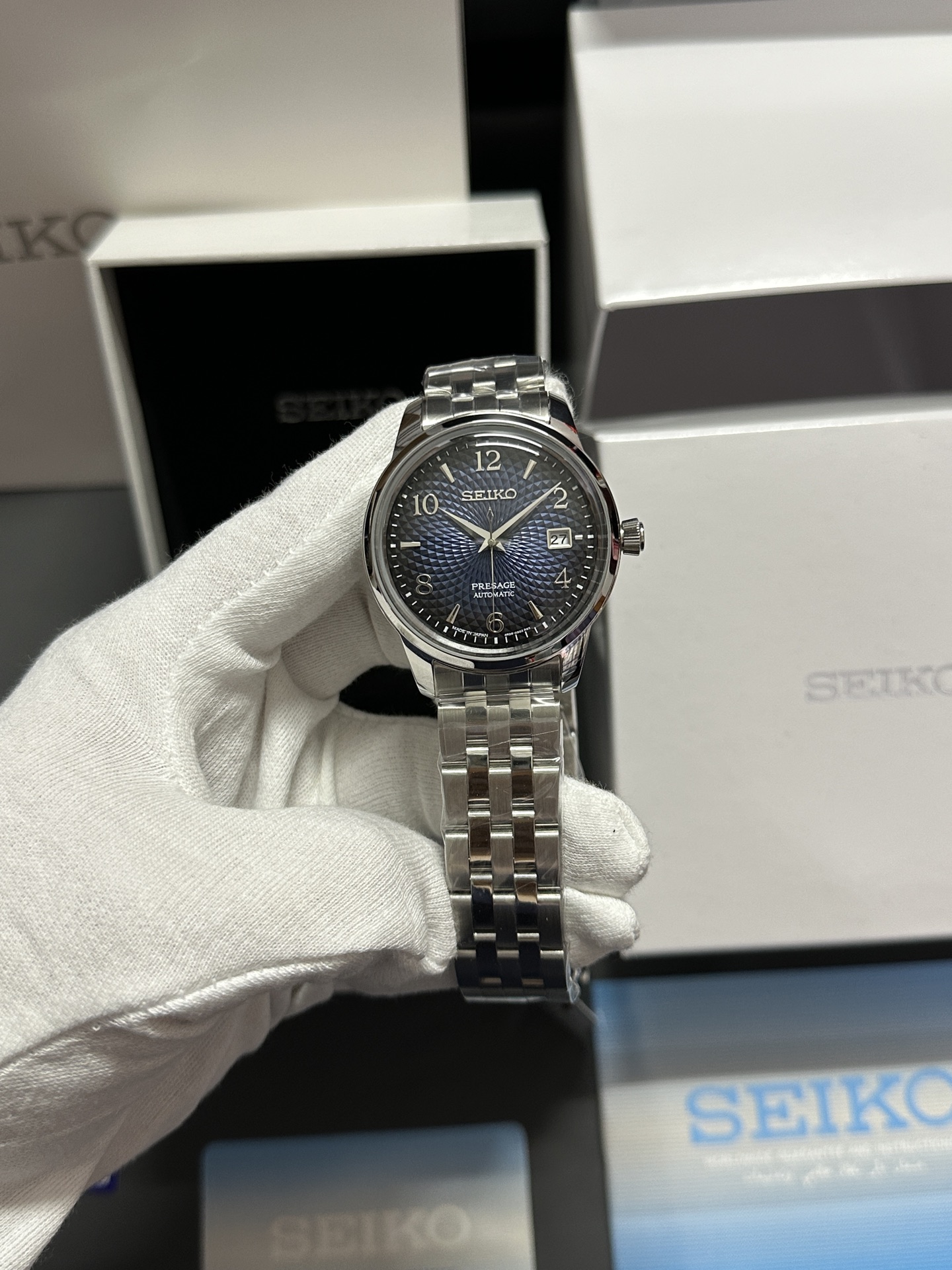 Men's SEIKOity Presage Cocktail Time Automatic Mechanical Watch Radial Green Disc Gold Digital Scale, Three Pin Calendar Window, Stainless Stee