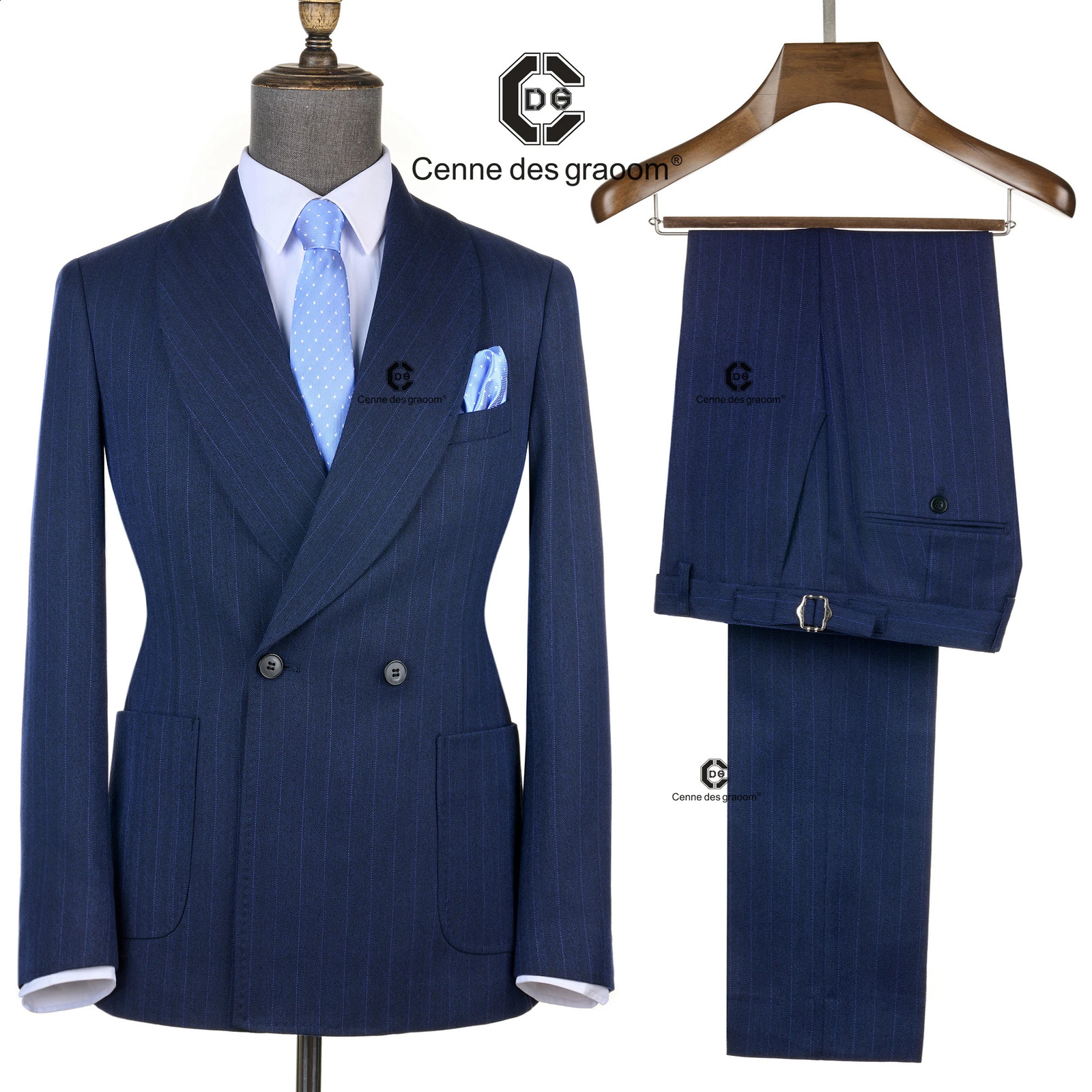 Cenne Des Graoom Navy Blue Striped Double-Breasted Men Suits With Patch Pocket Tailor-Made For Meeting Office Wear Wedding 260918