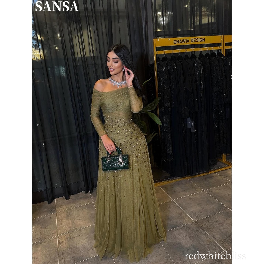 Modest Olive Flared Off Shoulder Prom Dresses Glitter Stone Sheer Long Sleeve Pleats Women Formal Occasion Evening Gowns vestidos de noche 918