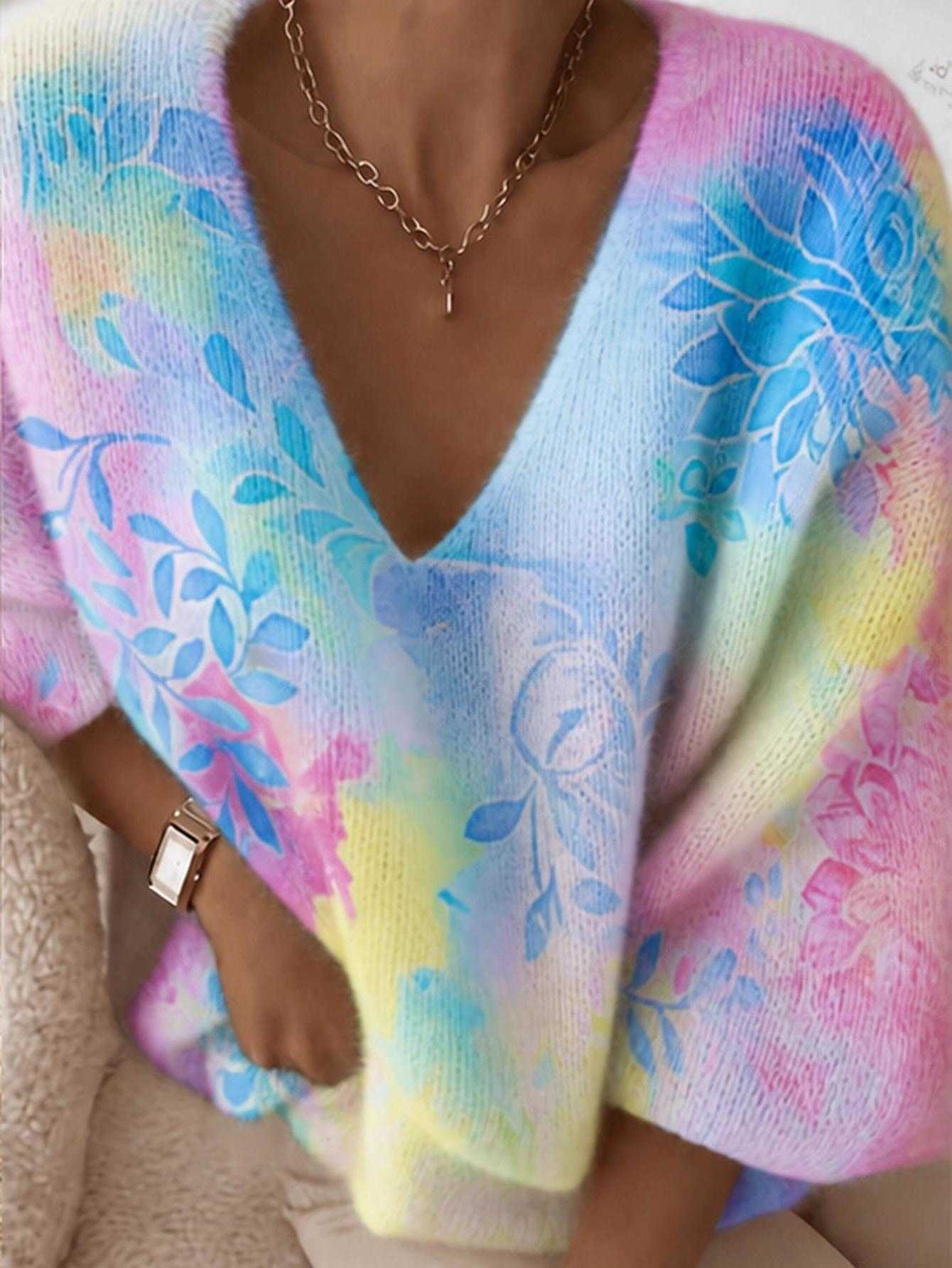 Size Plus Women Sexy Pastel Floral VNeck Knit Sweater Loose LongSve Pullover Soft Cozy Casual Top for Fall Winter SJIV S26091905QQ