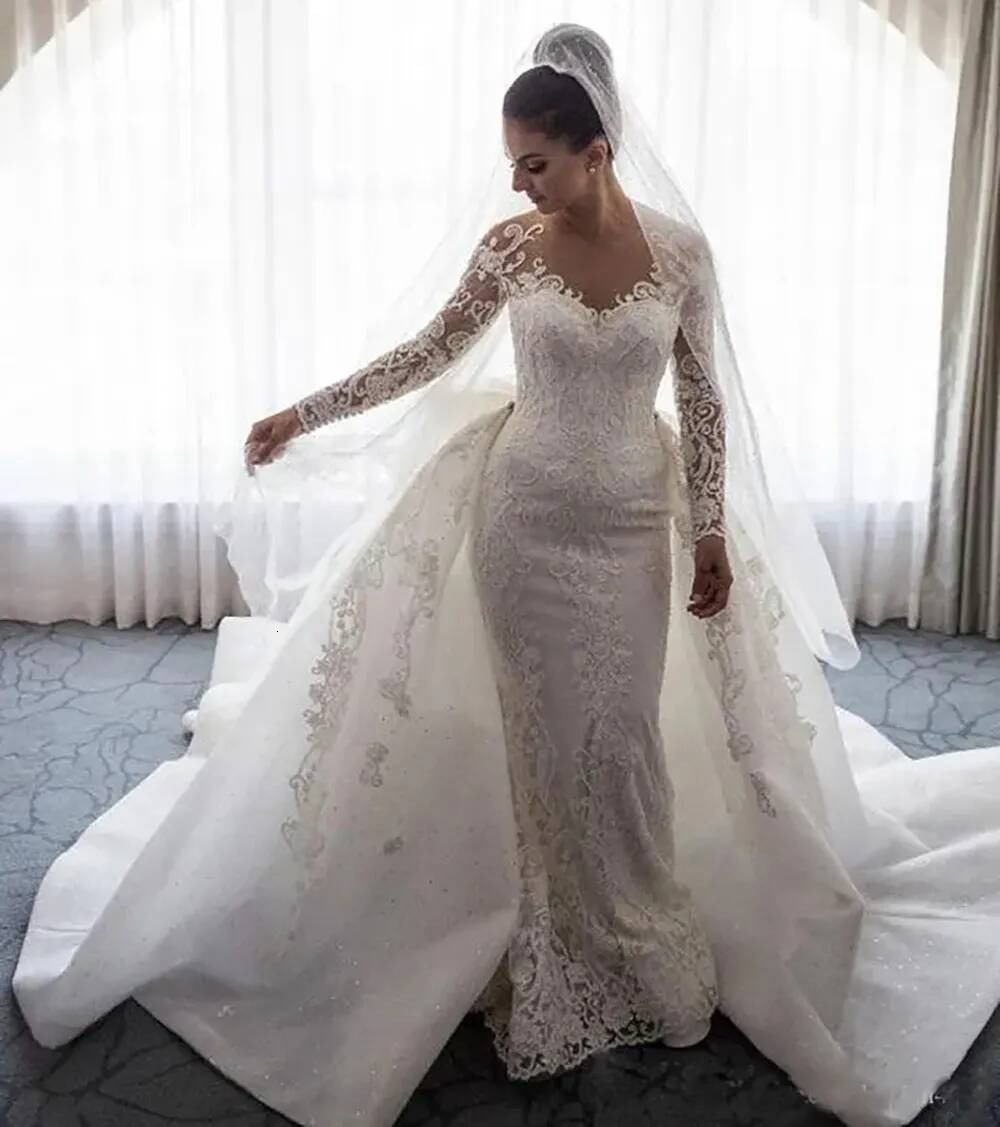 New Mermaid Wedding Dresses Sheer Neck Long Sleeves Illusion Full Lace Applique Bow Overskirts Button Back Chapel Train Gowns Formal Dress
