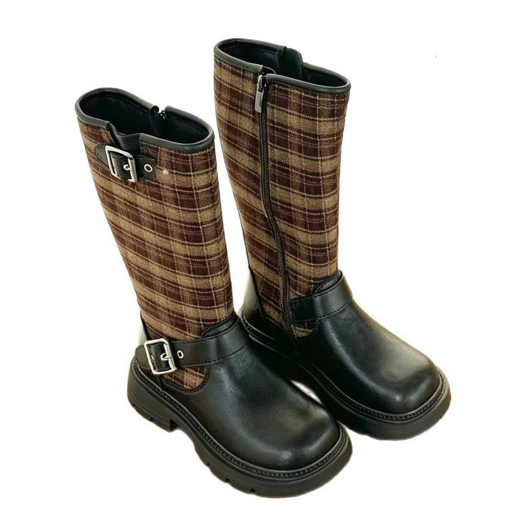 Botas de otoño 2026 Botas de montar altas a cuadros para niñas de invierno para niños pequeños y grandes hasta la rodilla con hebilla a media pantor