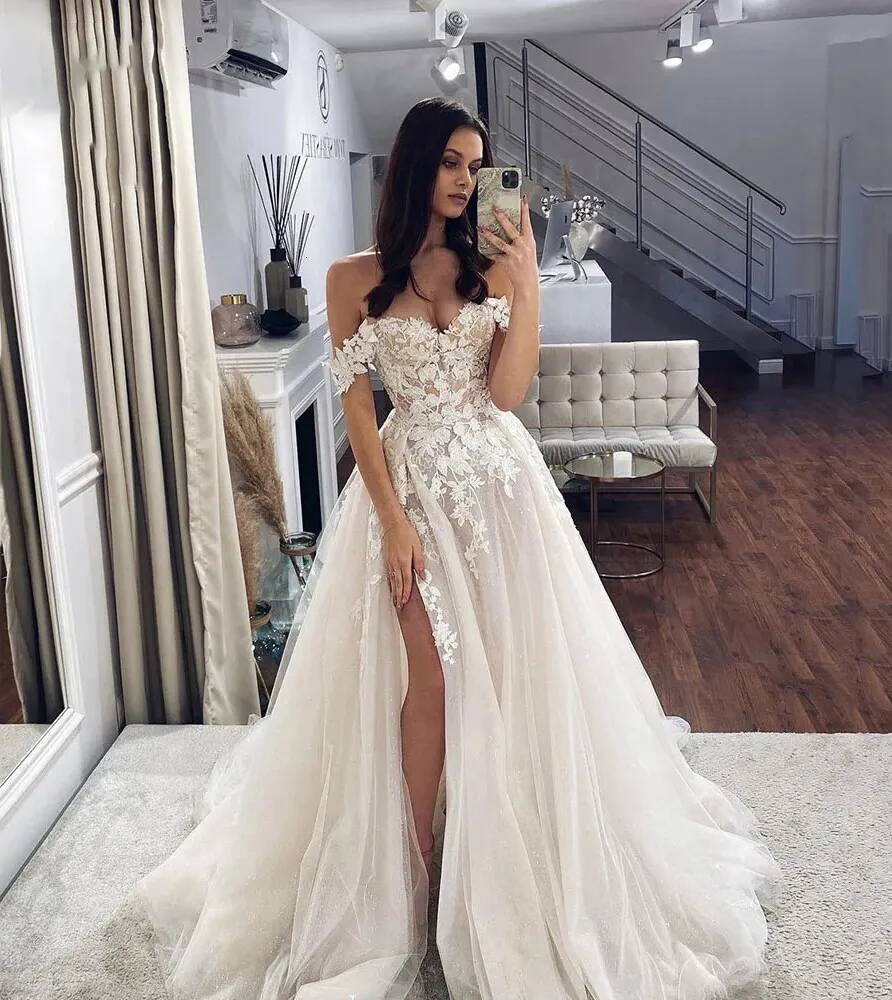 Wedding Dresses Off Shoulder Lace Appliqued Boho Side High Slit Long Bridal Gowns Sleeveless