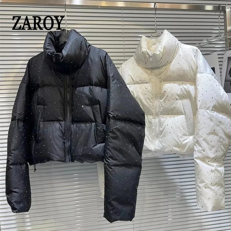 ZAROY Women Thick Warm Cotton Short Jacket Rhinestones Winter Stand Collar Down Coat Shiny Crystal Cropped Puffer Parka 260918
