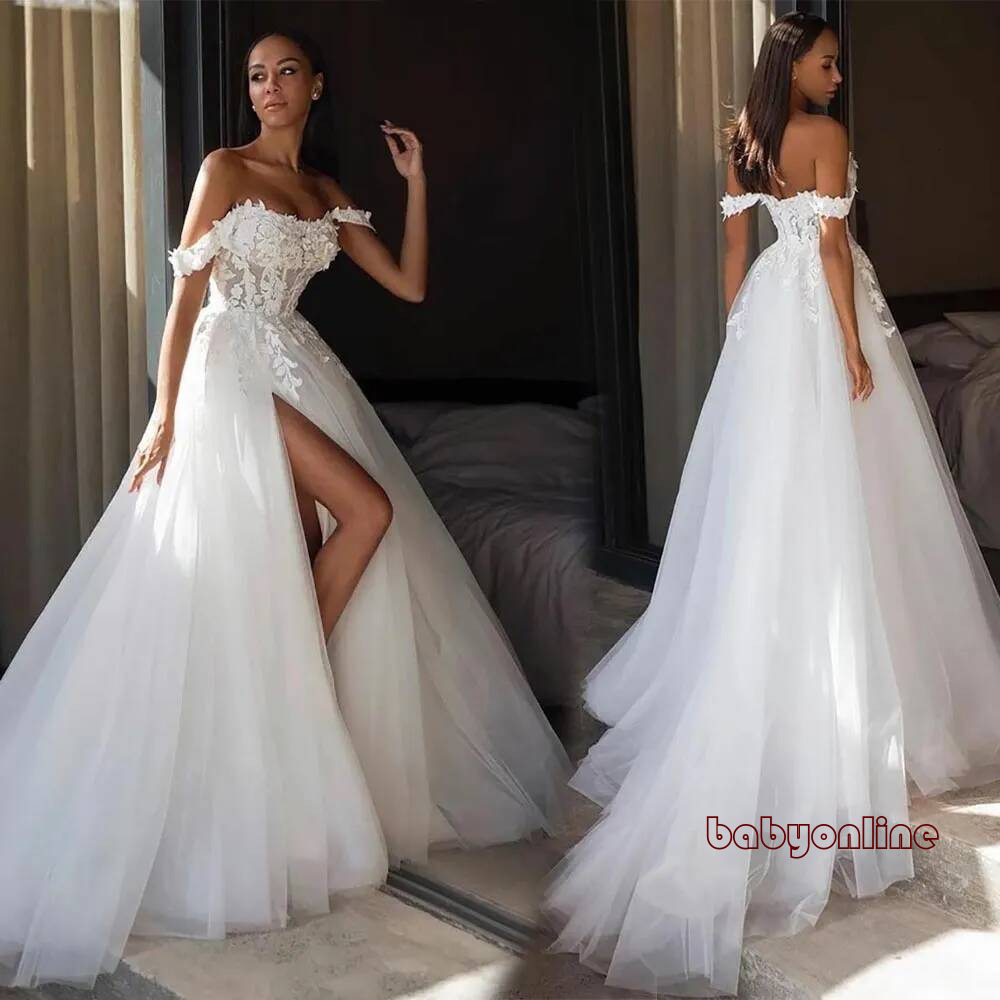 Wedding Dresses White Bridal Gowns A Line Zipper New Custom Plus Size Lace Up Ivory Sweetheart Off Shoulder Applique Tulle Beaded Thigh High Slits