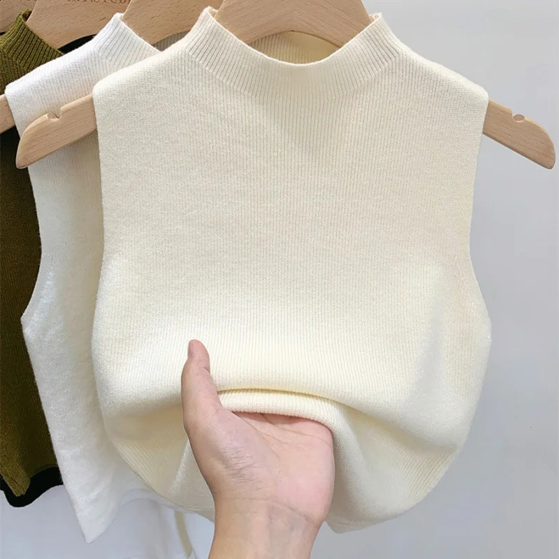 1pcs Spring Summer Women Knitted Tank Tops Girl Thin Tops Basic Casual Tank Tops Half high collar Tees Sleeveless Top For Women 260918