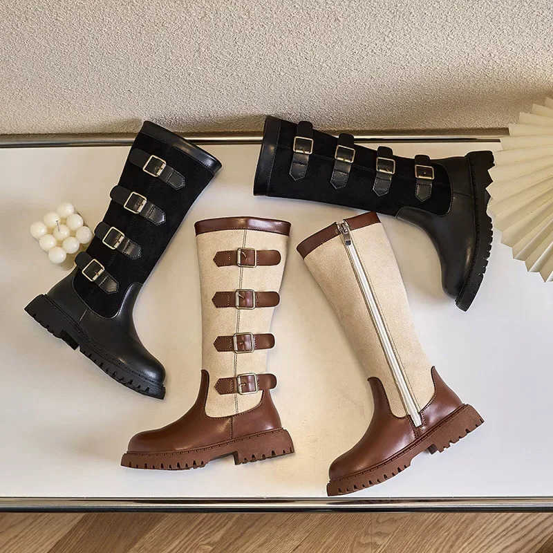 Botas altas para niños Botas para niñas 2024 Otoño Invierno Nueva moda y cómodo estilo británico Zapatos de cuero de moda versátiles e informales T2
