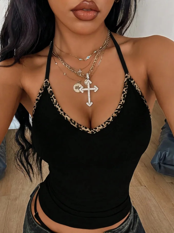 Women Halter Deep V Leopard Trim Slim Fit Crop Camisole Summer Y2K Solid Black Sleeveless Going Out Streetwear Tank Top 260918