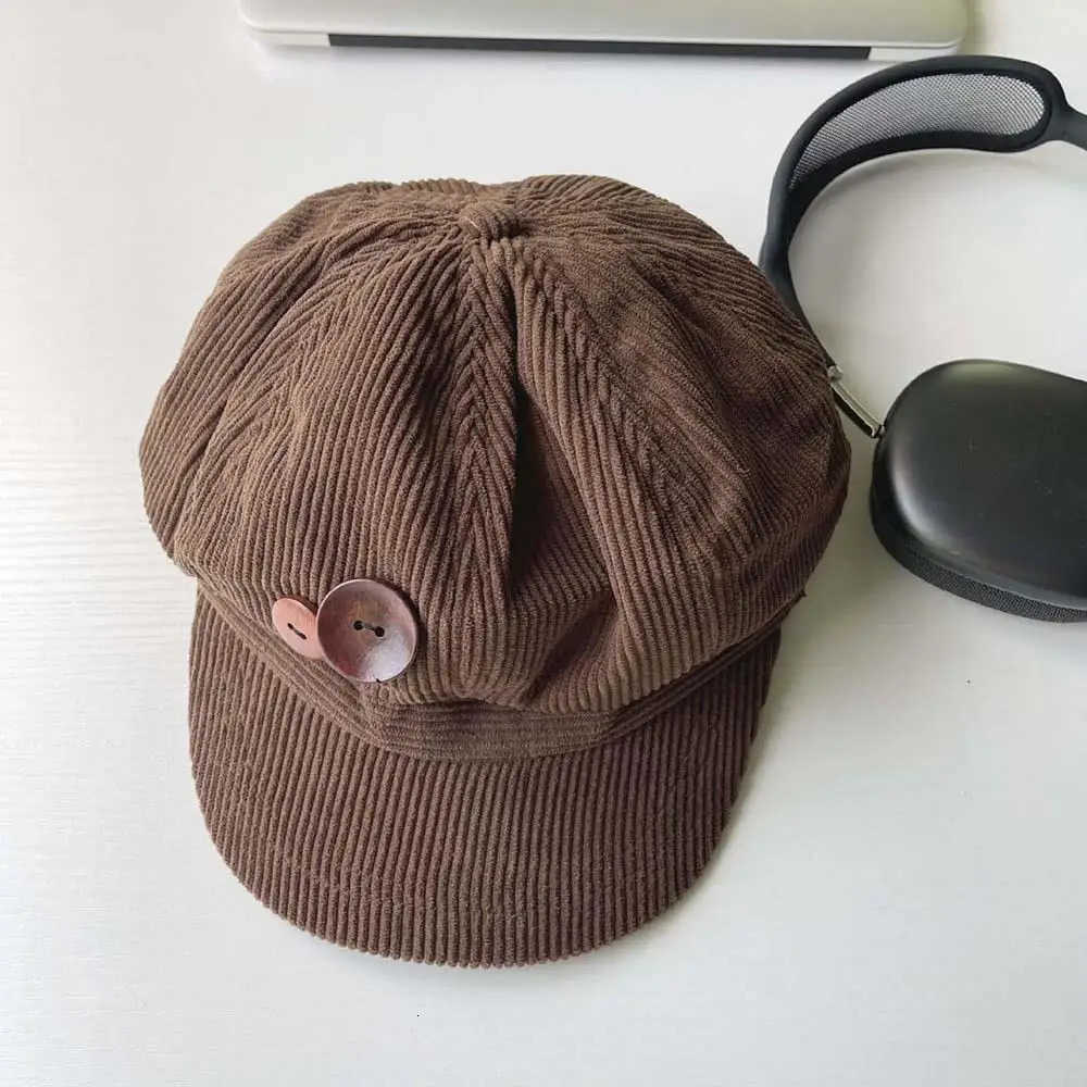 Vintage Corduroy Beret Hat Berets For Women Korean Button Octagonal Cap Autumn Winter Painter Artist Hats Japanese Brown Peaked Caps J260919