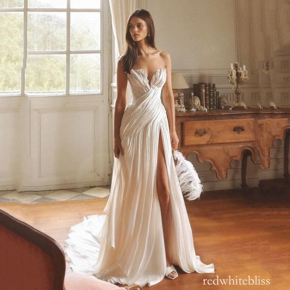 Princess A-Line Wedding Dresses Summer Boho Beach Wedding Gowns Sweetheart Side Slit Pleated Bridal Dress Formal 917