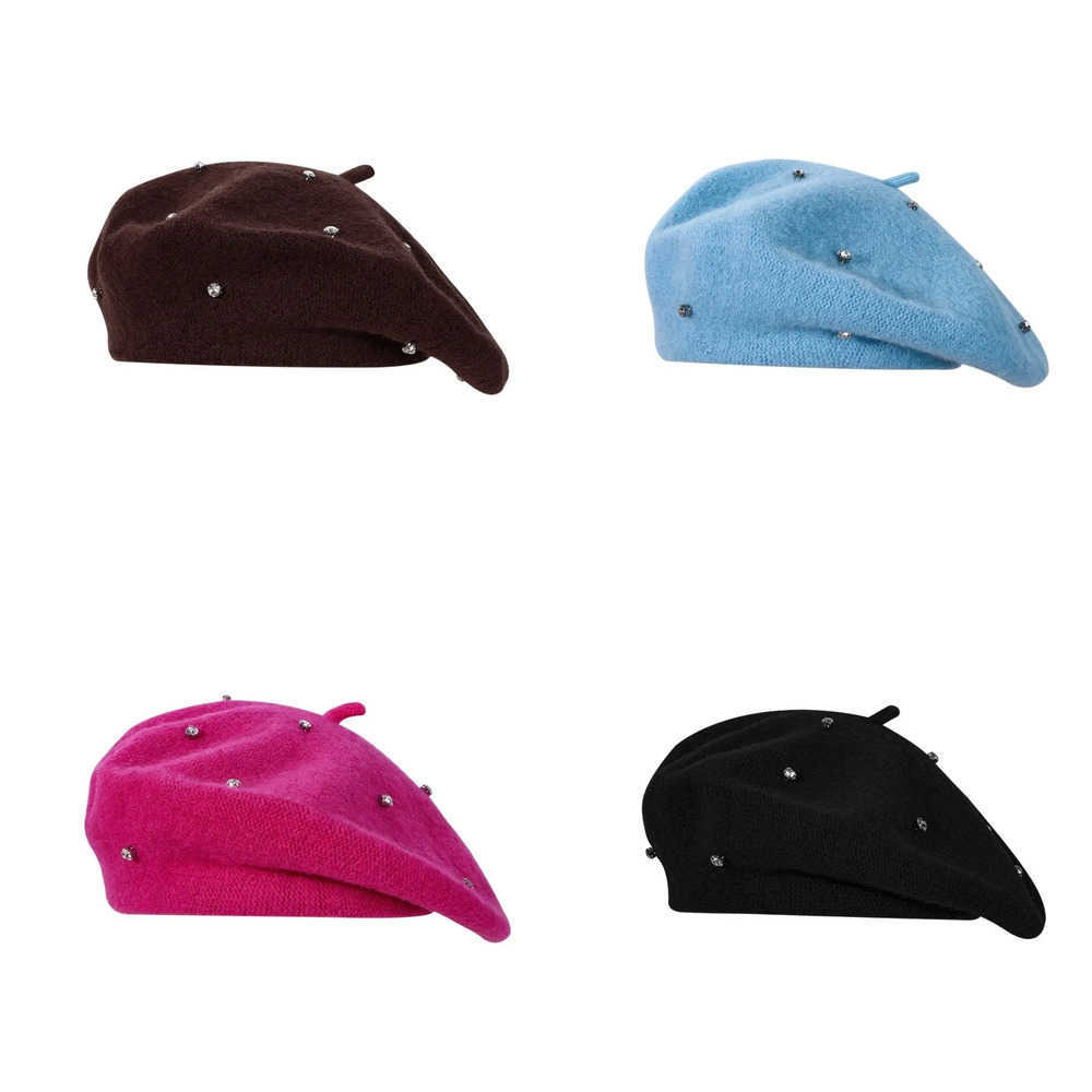 Women's Elegant Berets Beret Trend Hat with Rhinestones Classic Artist Hat Versatile Solid Color Beanie Autumn Winter J260919
