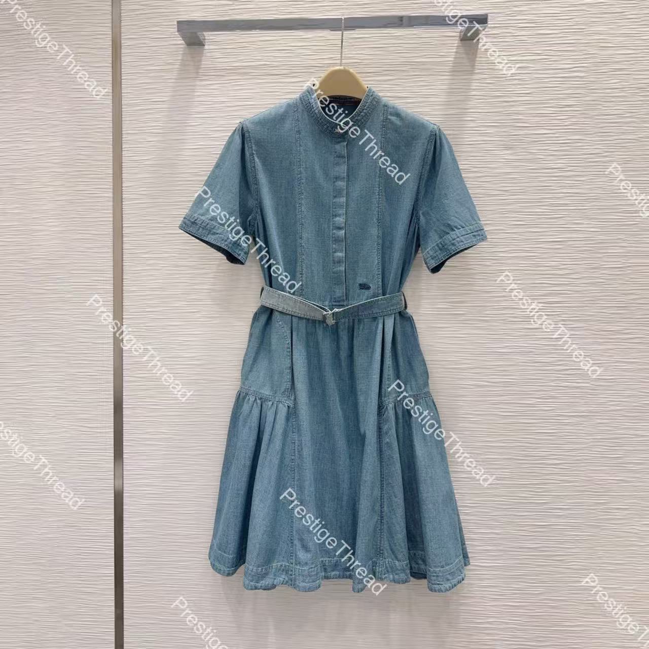 2026 New Denim Dress with Designer Embroidered Belt, Mermaid Dress, Stand Collar, Vintage Street Style Dresses