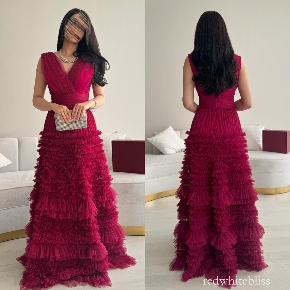 Elegant Red A Line Evening Dresses Tulle Pleat Ruched Tiered Long Women Occasion Dresses Matching Exquisite V Neck Prom Party Gowns 917
