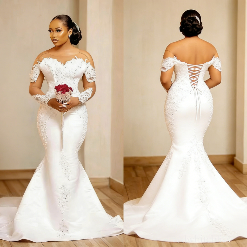African Brown Skin Wedding Dress Sexy Mermaid Long Sleeve Round Neck Appliques Beads Lace Up Bridal Gowns Plus Size Customized Vestidos De Novia 917