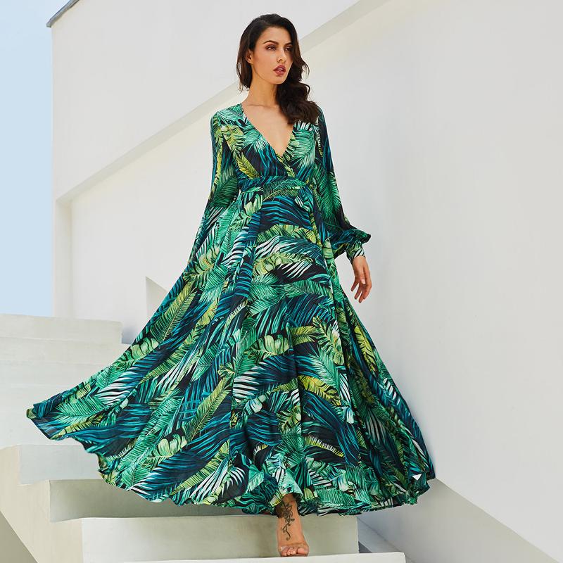 Designer Style Nouvelle Arrivée Haute Qualité Femmes Été Col En V Lanterne Manches Feuille Rouge Imprimé Floral Maxi Robe Taille Haute Lâche Élég