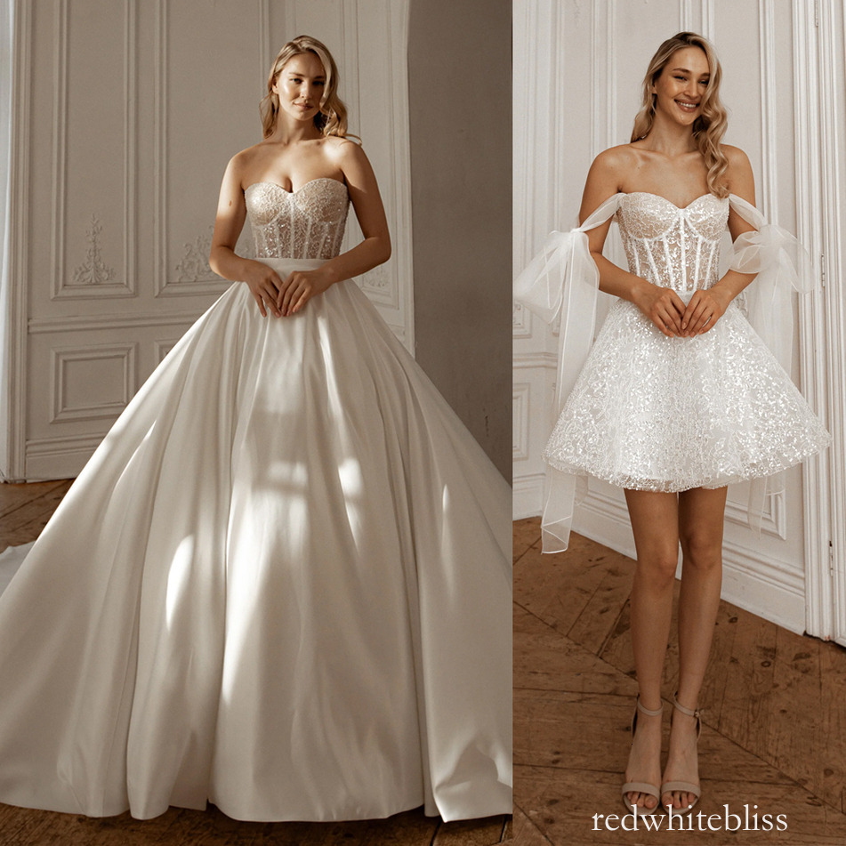 Elegant 2 In 1 A Line Wedding Dresses Off Shoulder Two Pieces Wedding Dress Adorned with Glitter Detachable Skirt Wedding Gown for Bride 917