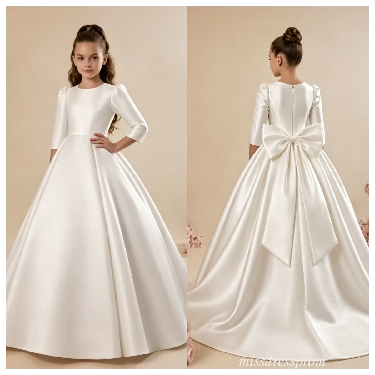 Vintage White Ivory Satin Flower Girl Dresses New Long Sleeve A-Line With Bow Back Kids Evening Party Gowns Formal Girls Wedding Party Princess Dres