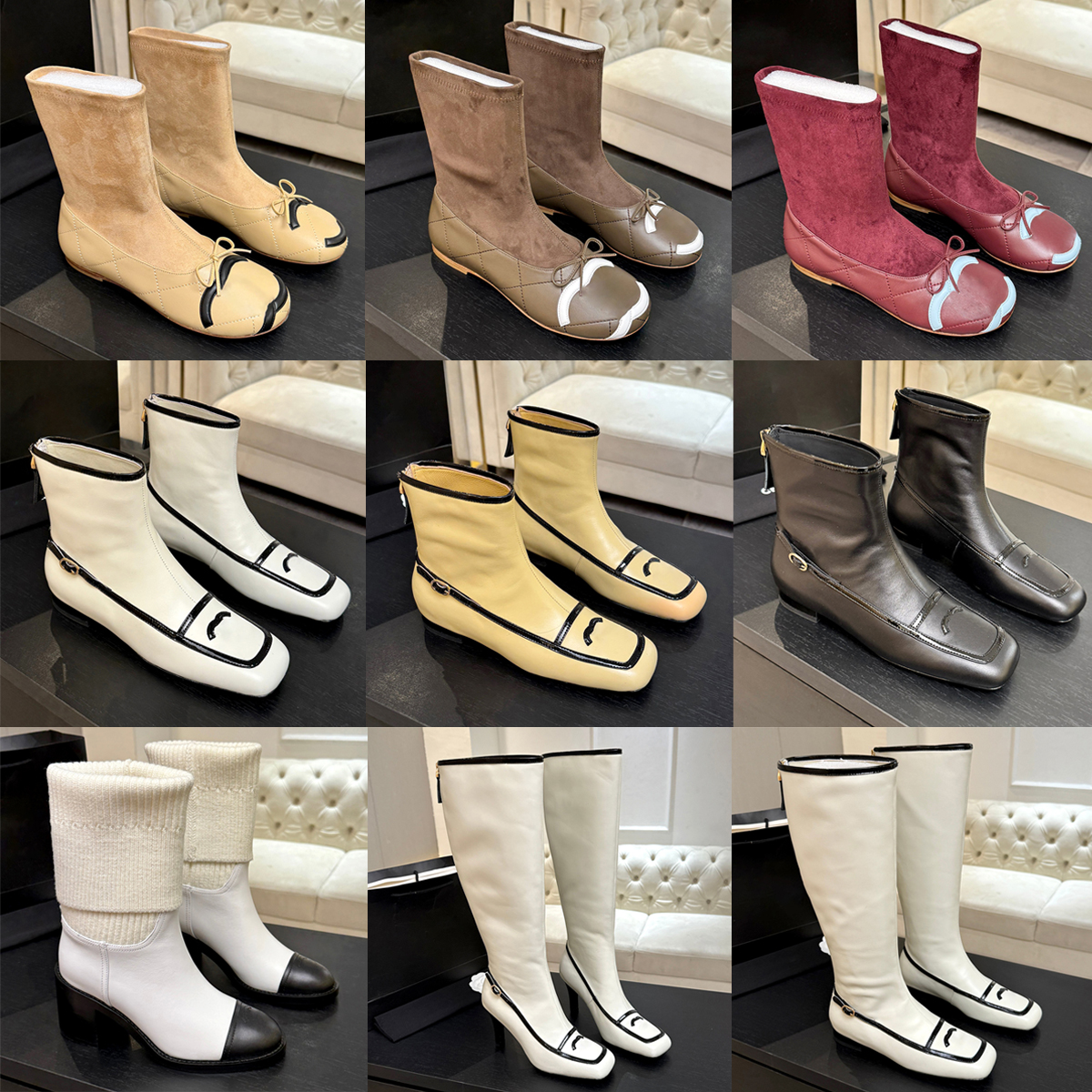 2026 New Ankle Boots Elegant Ladies Genuine Leather Knee Women high heeled boots Square Toe Bow Fashion Flat Mid Calf Zipper luxury Designer Dress s