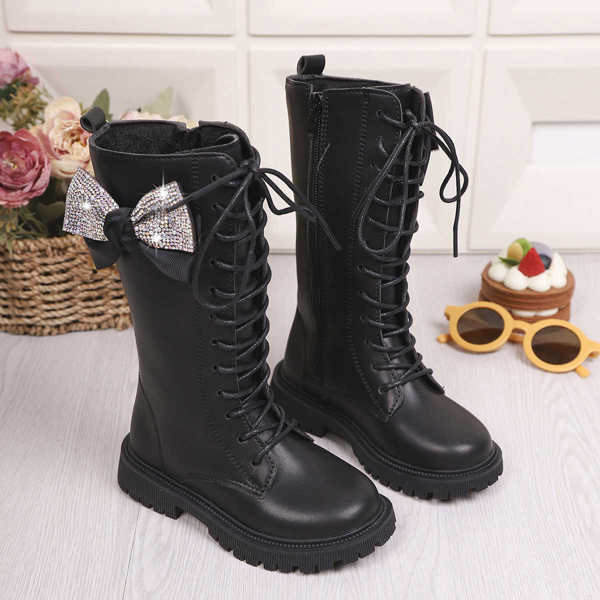 Nia Boots Zapatos 2025 Bota de invierno Moda Niños Botas altas Chica Botas largas con cordones Botas de princesa Bota de cuero Zapatos para niños Bo