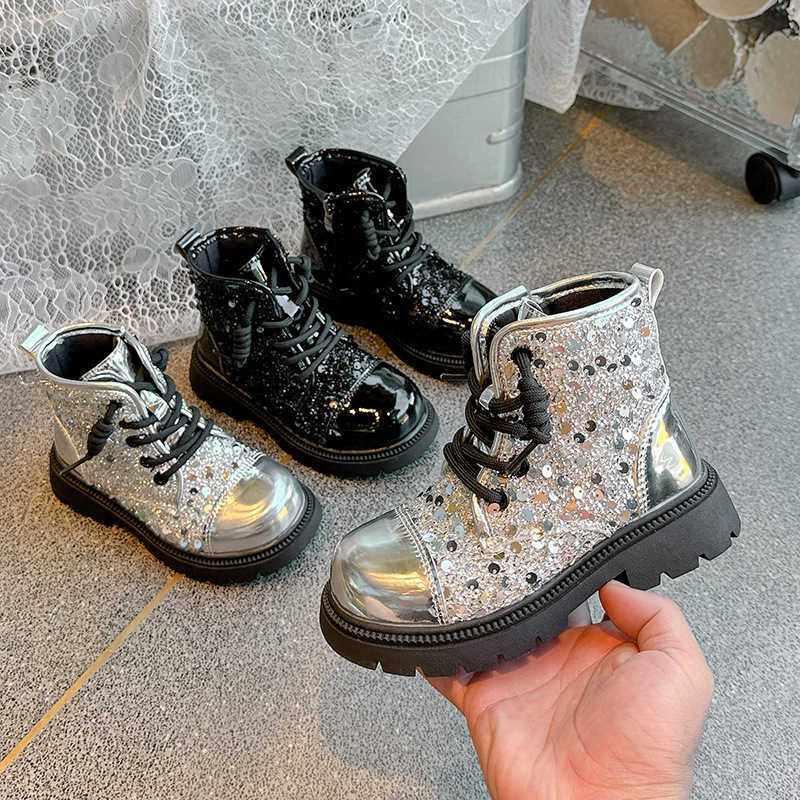 Botas de moda para niñas Diseño de lentejuelas Botas altas informales informales 2026 Otoño Estilo británico para niños Botas cortas cómodas y versá