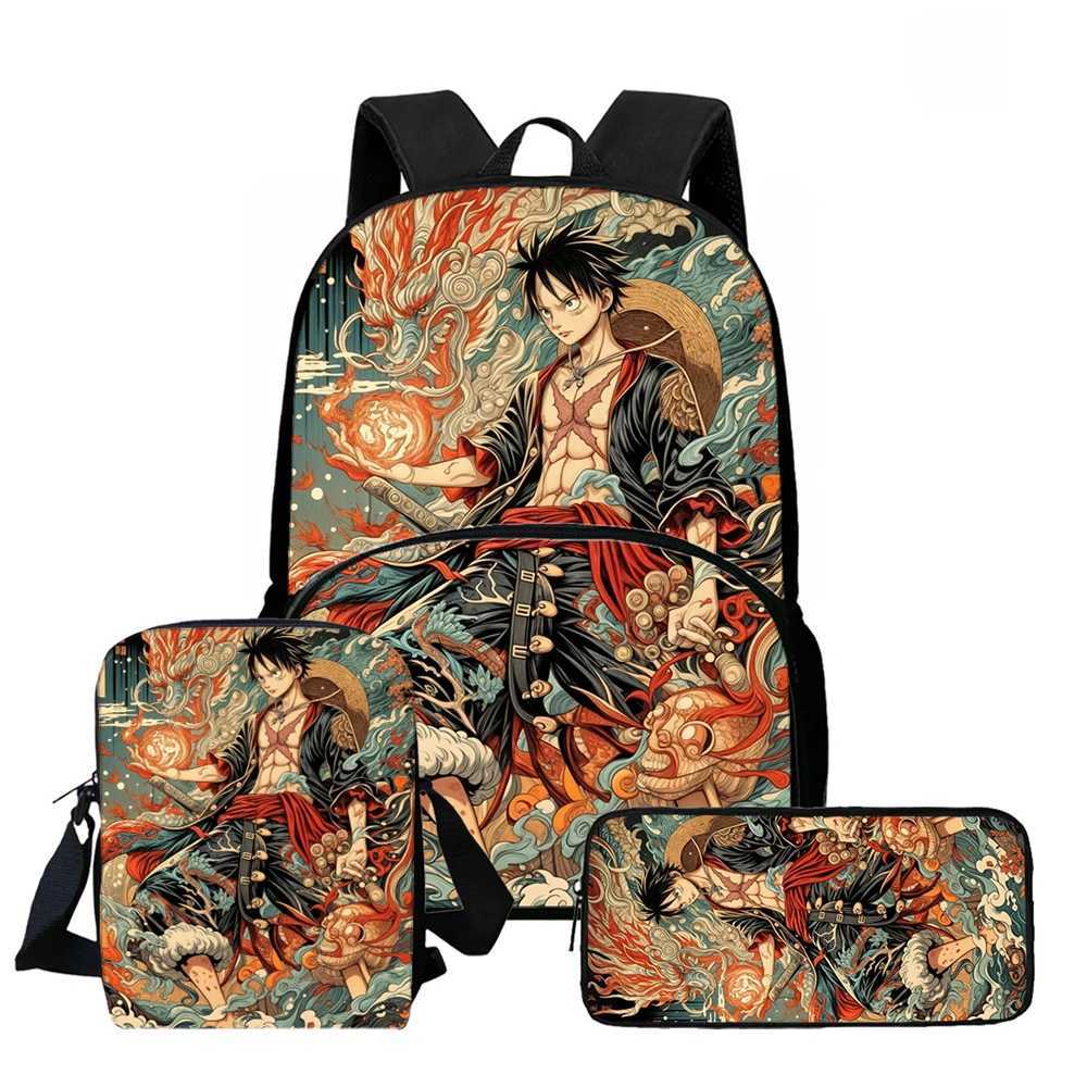 Zaino One Piece Cartoon 3 pezzi Set Tasca frontale con cerniera Leggero con borsa a tracolla Astuccio per bambini dai 6 ai 10 anni Mochila L260919NZ