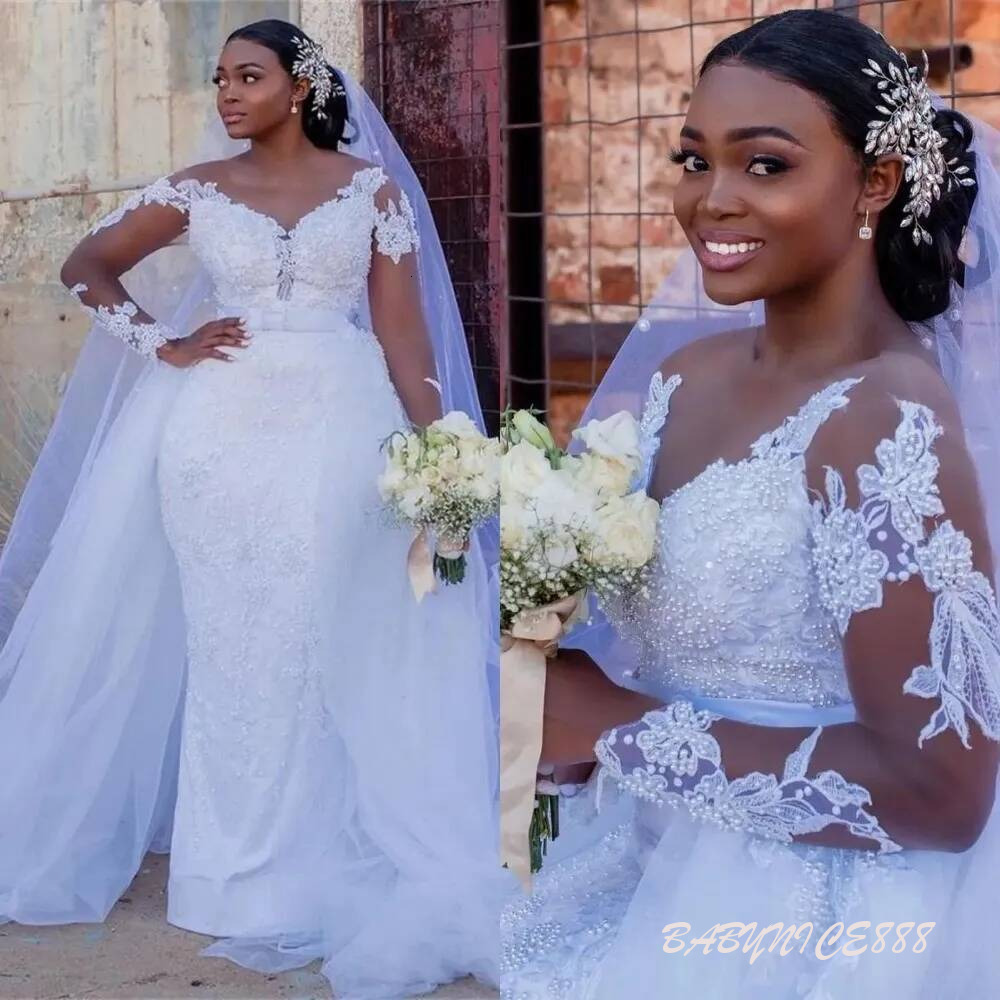 Bridal Gowns White Wedding Dresses Mermaid Ivory Formal Trumpet Applique Custom New Plus Size Lace Up Zipper O Neck Tulle Beaded Long Sleeve Illusio