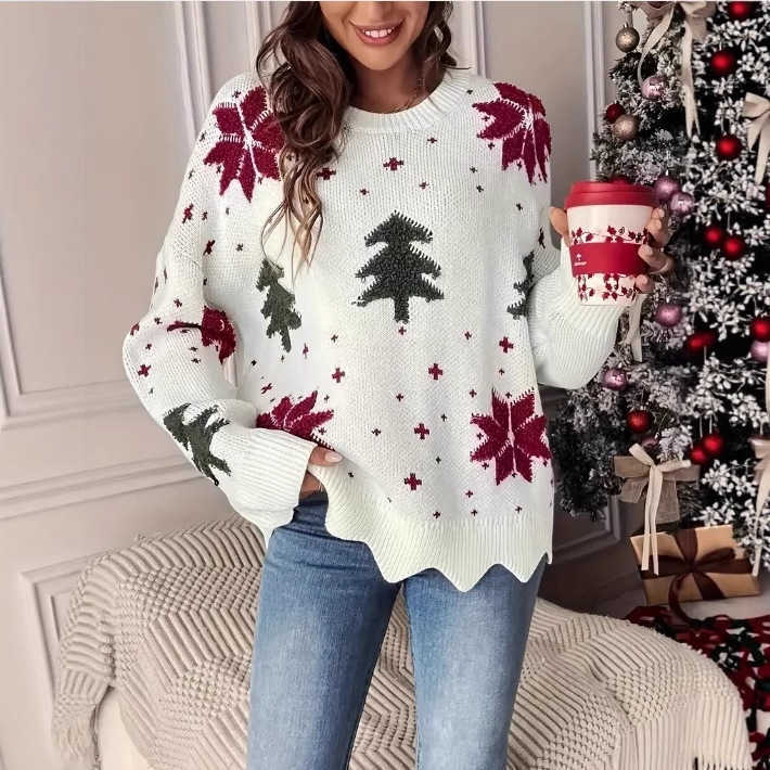 Clothing 2025 Autumn and Winter New Snowflake Christmas Tree Print Holiday Loose Casual Knitted Sweater for Women S260919SIFA