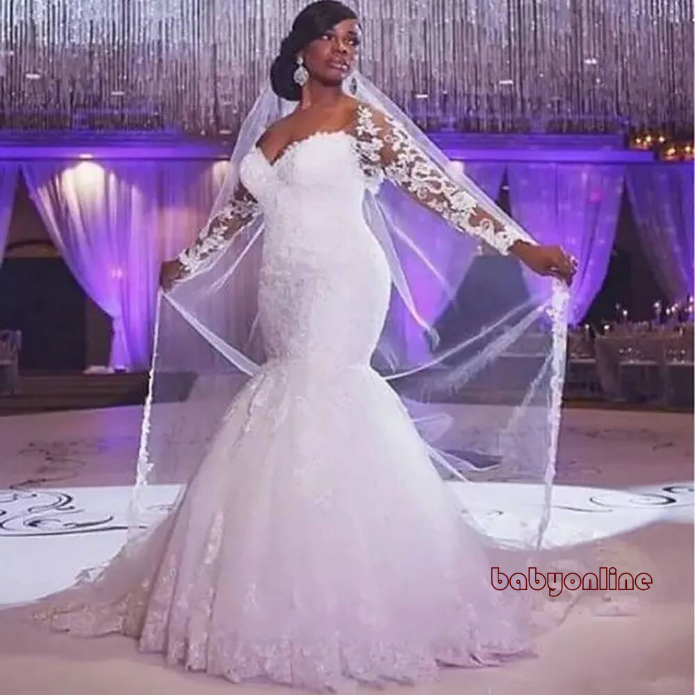 White Wedding Dresses Plus Size Ivory Bridal Gowns Formal Mermaid Trumpet Long Sleeve Sweetheart Tulle Applique Zipper New Custom