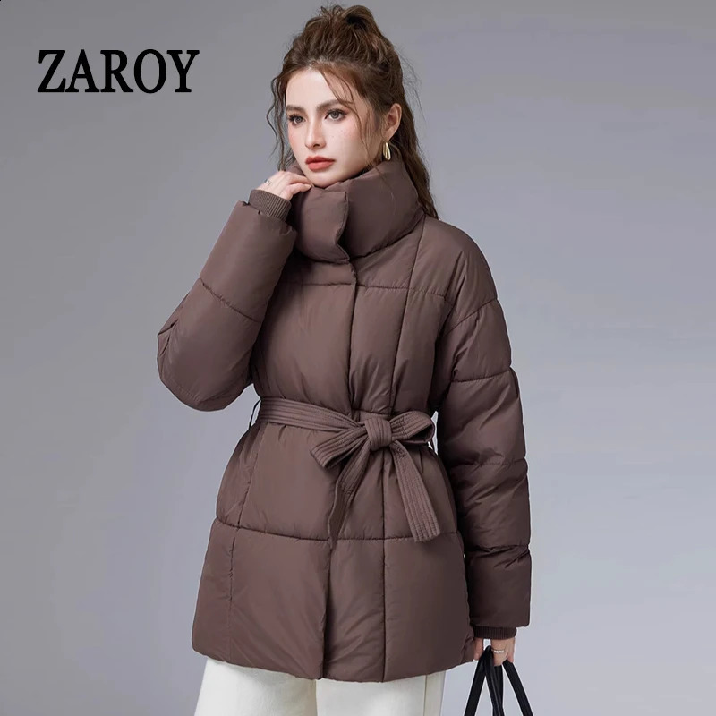 ZAROY Women Winter Belted Jacket Elegant Stand Collar Windproof Puffer Coat Cotton Padded Thick Warm Snow Parkas Overcoat 260918