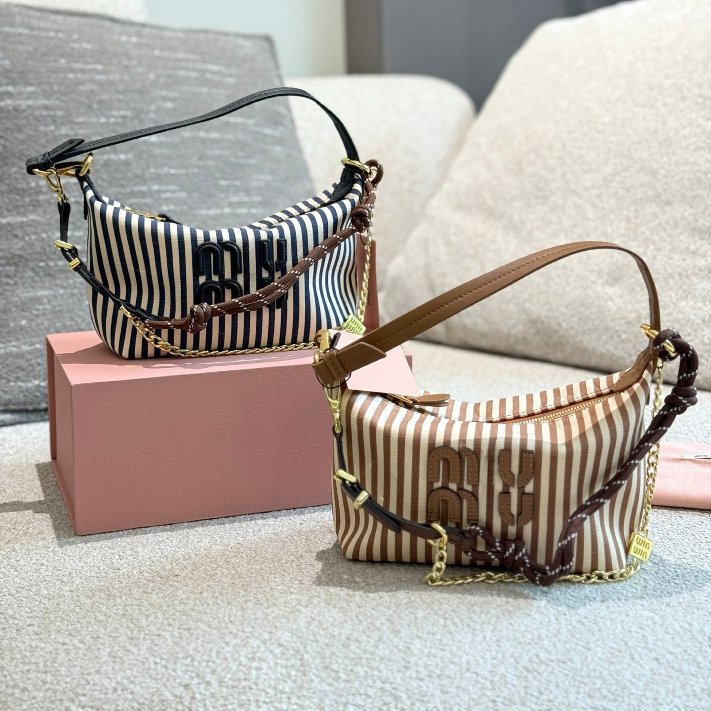 Women Striped Canvas Hobo Handbags Designer Luxury Underarm Shoulder Purse Braided Chain Strap Top Handle Crossbody Bag Casual Evening Travel Satche