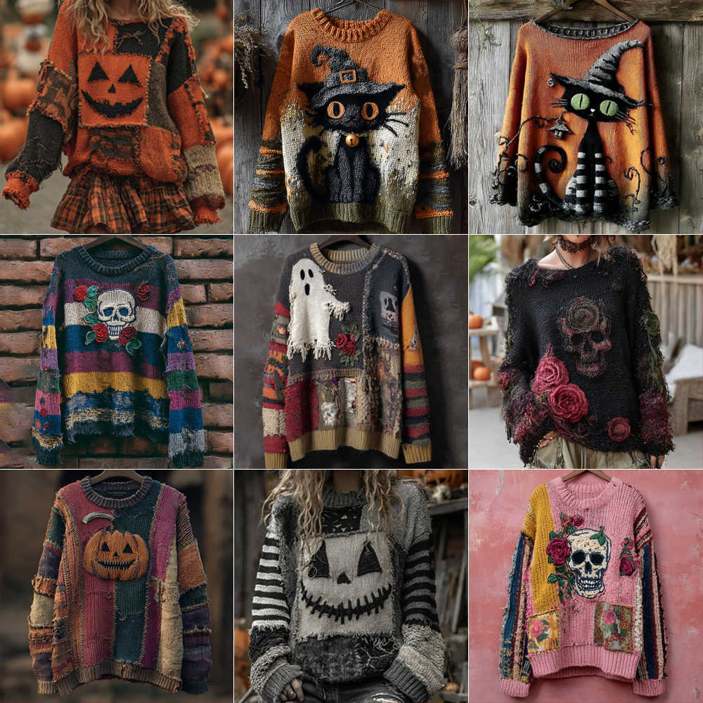 Halloween Women's Come Y2K Pumpkin Skull Graphic 3D Print Pullover Loose Fit O-Neck Long Sve Autumn Winter Tops Masquerade S260919378N