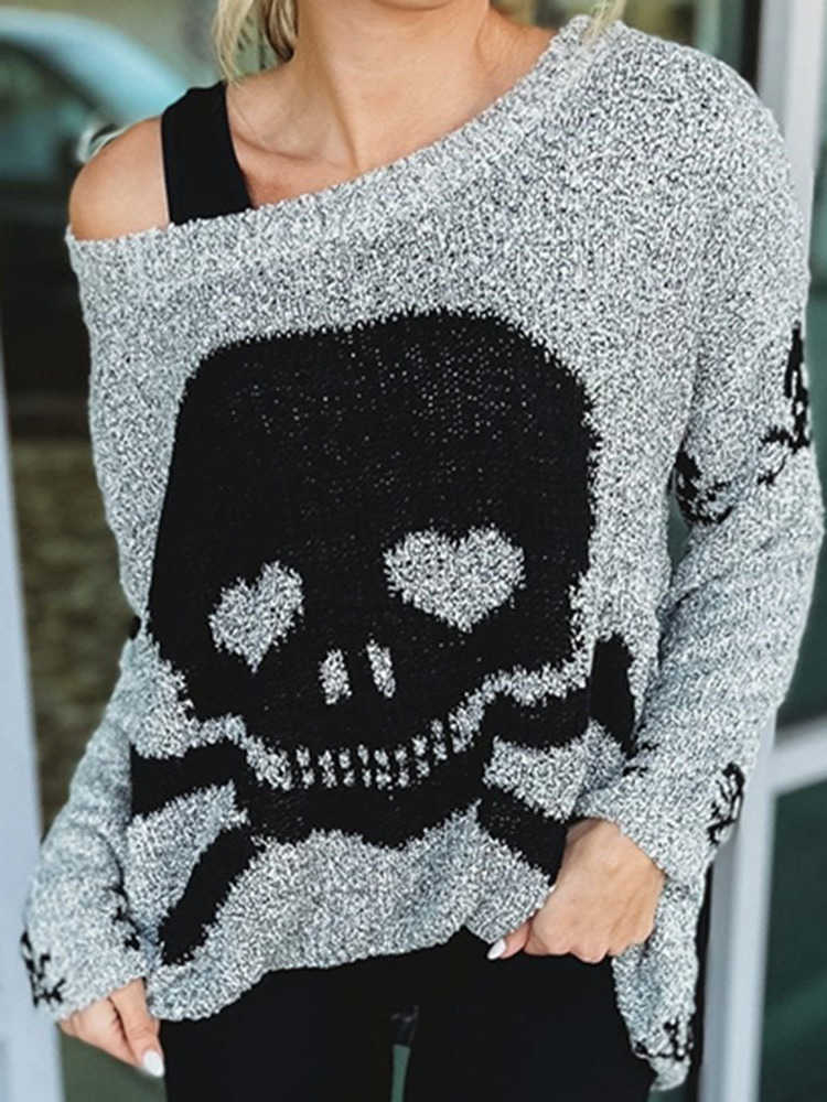 Skull Women's Heart Print Off-Shoulder Oversized Pullover Sweater Marled Black White for Fall Winter Season S26091914P8