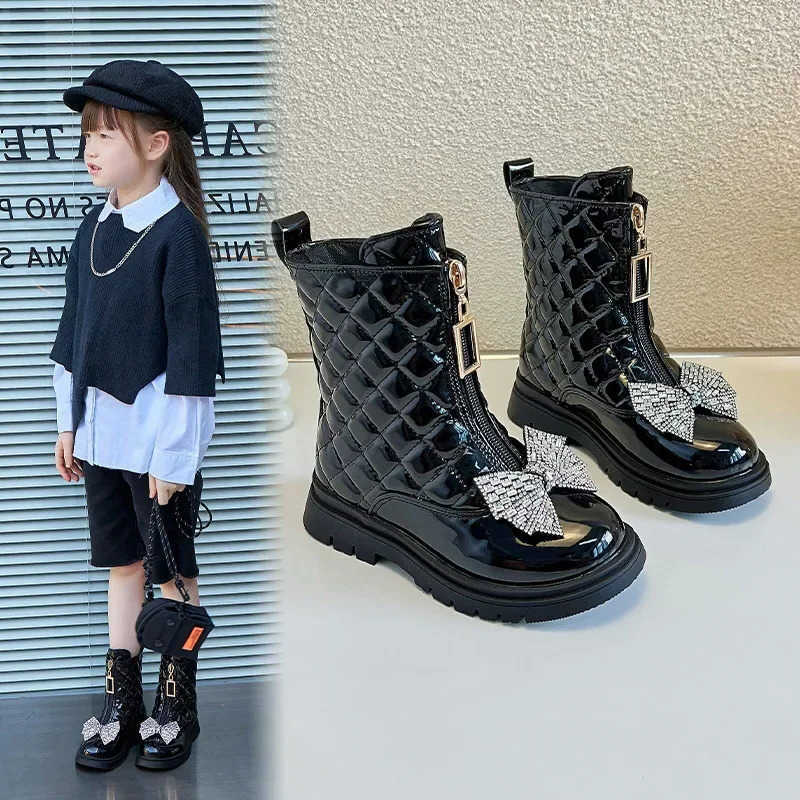 Girls Autumn Boots New Glossy Chelsea Boots 2024 Winter New Kids Versatile Rhinestone Bow Little Princess Casual Korean Style BootsT260919
