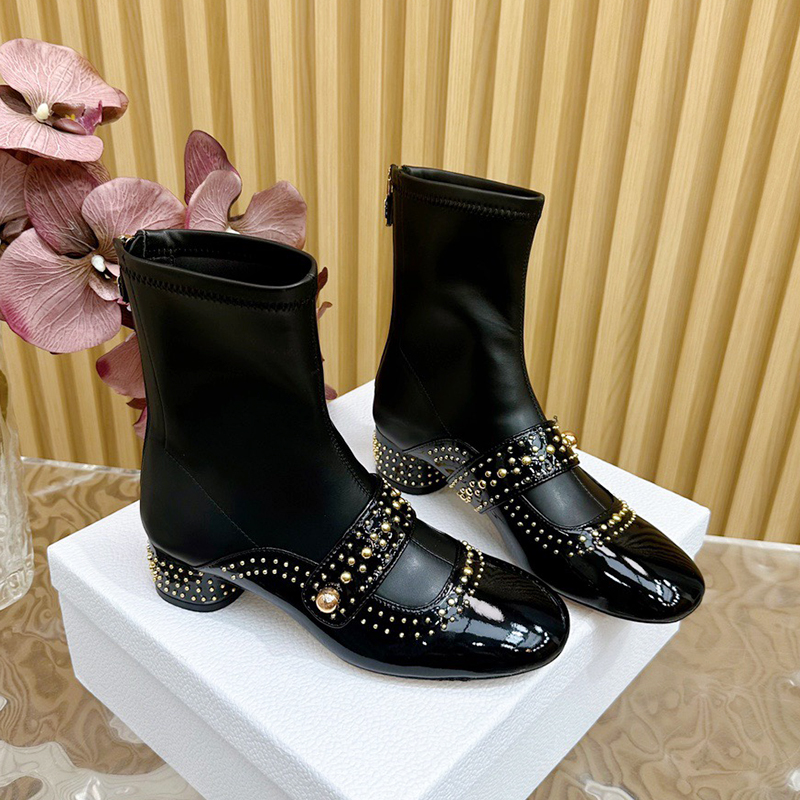 Autumn and Winter Sweet Cool Rivet Retro Mary Jane Elastic Short Boots for Women French Middle Heel Thick Heel Short Boots with Back Zipper Versatil