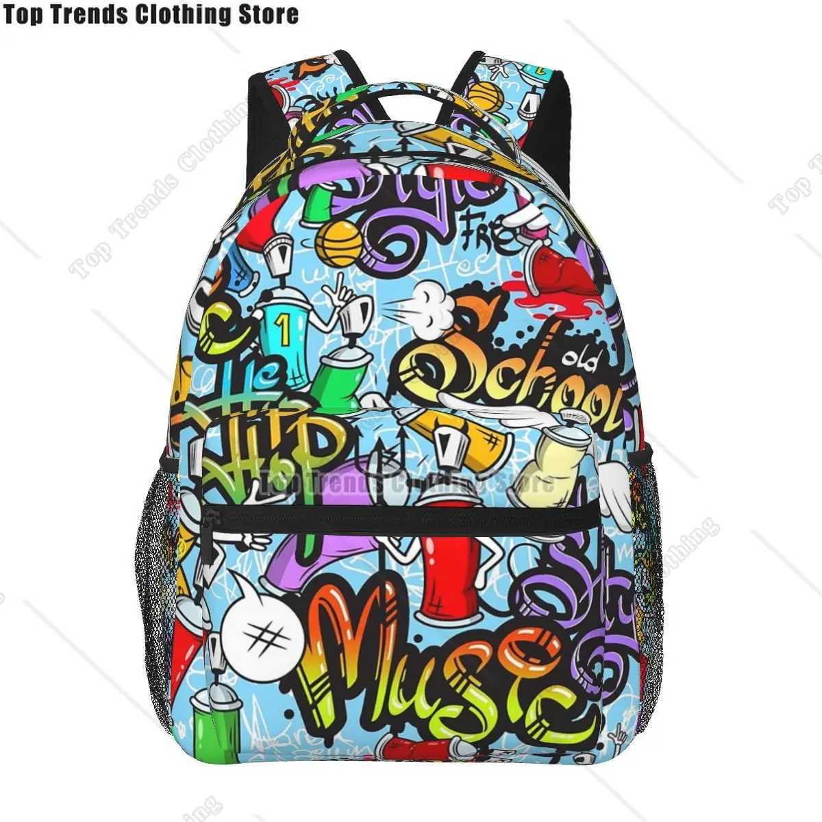 Zaini Hip Hop Musica Graffiti Ragazzi Ragazze Bookbag Borse da scuola per bambini Cartone animato Zaino per laptop Borsa a tracolla di grande capaci