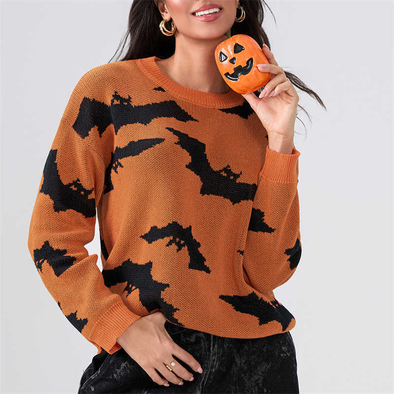Halloween Lamuusaa Sweater y2k Women Bats Print Round Neck Long Sve Pullover Tops Soft Warm Clothes Fall Winter Streetwear S260919OOVK