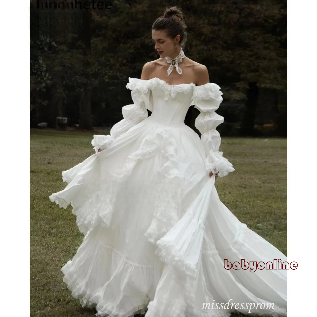 Victorian A Line Wedding Dresses With Long Sleeves Off Shoulder Tiered Lace Fluffy Princess Ball Gowns Corset Basque Waist Vestidos De Novia 917