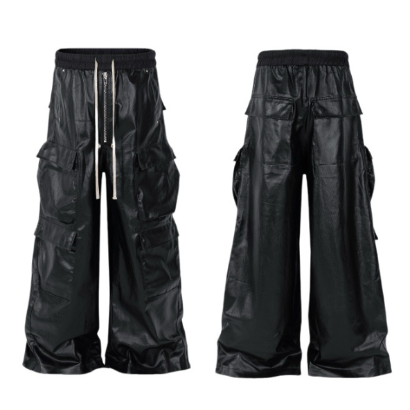 Unisex Metallic Coated Wide Leg Cargo Pants American Dark Streetwear Multi Pocket Floor Sweeping Faux Leather Trousers