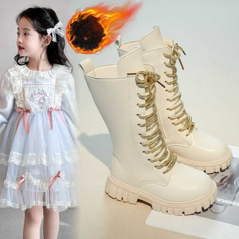 Botas para niñas Botas Botas altas Botas de cuero acolchadas 3-18 años Beige Cien zapatos de algodón para niños Botas largas antideslizantes suaves