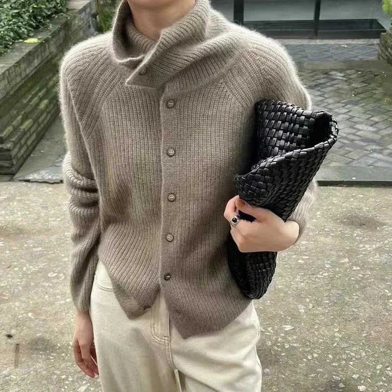 Knit Solid Turtleneck Cardigan Lady Sweater 2024 Autumn Winter Loose Thicken Single Breasted Cashmere Base Sweater Knitted Coats S2609195OXE