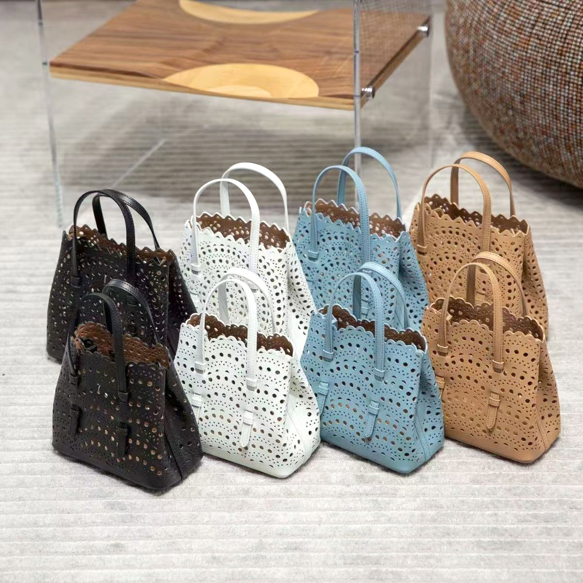10A Women Laser Cut Hollow Leather Tote Handbags Designer Luxury Top Handle Shoulder Satchel Purse Matching Small Pouch Casual Beach Vacation Travel