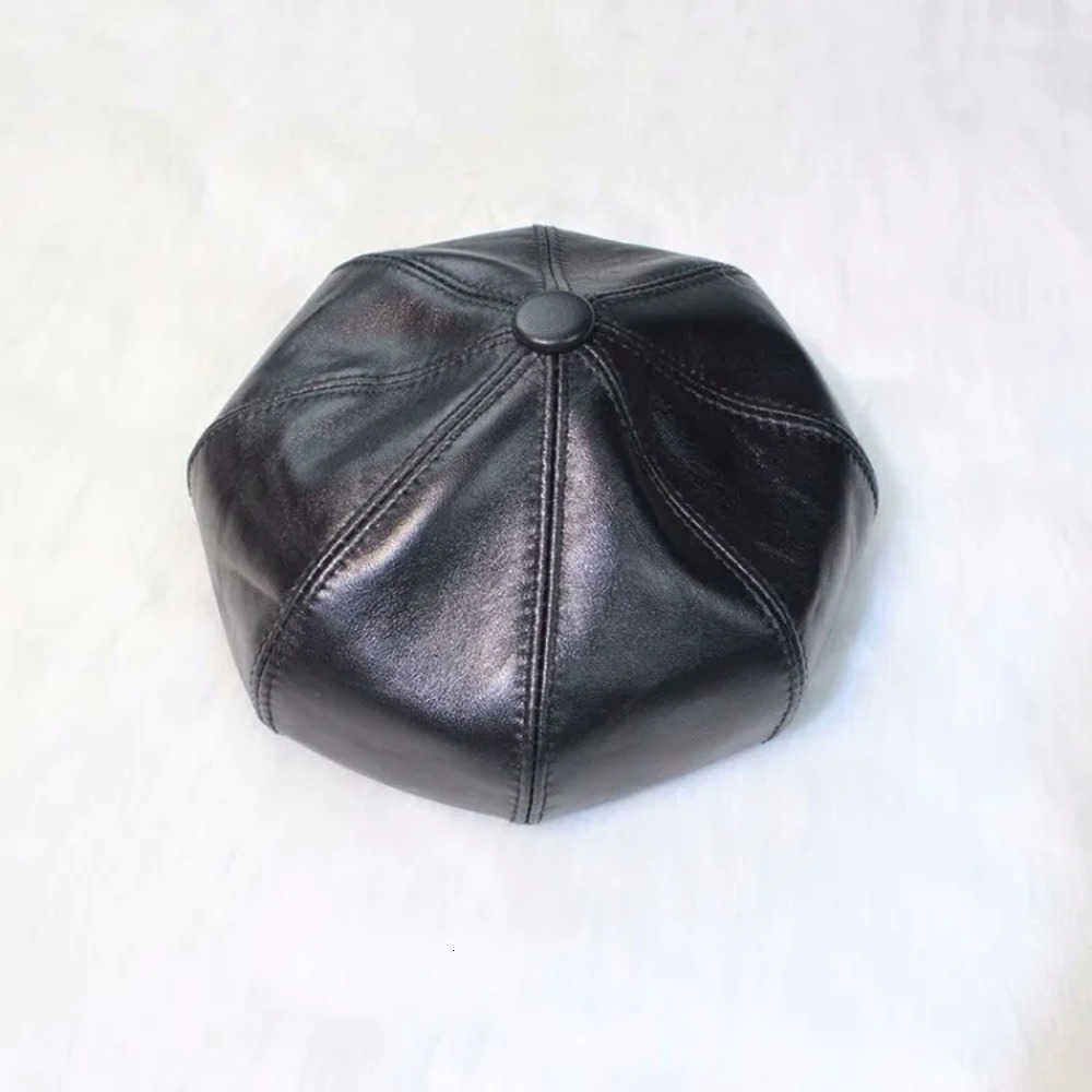 Real Berets Autumn Women Spring Sheepskin Berets Vintage British Windproof Soft Genuine Leather Octagonal Cap Casual Ladies Black Hat J260919